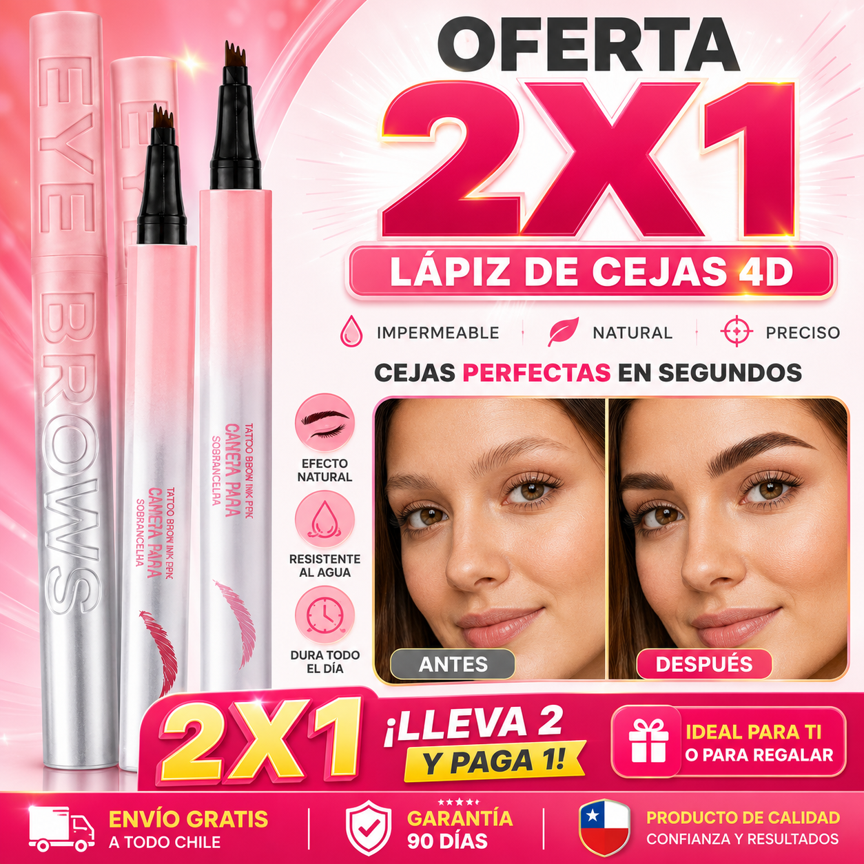 Lápiz Cejas Impermeable 4 Puntas 2x1 - Cejas con Efecto Natural Todo el Día