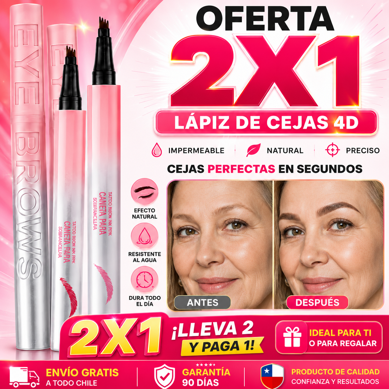 Lápiz Cejas Impermeable 4 Puntas 2x1 - Cejas con Efecto Natural Todo el Día