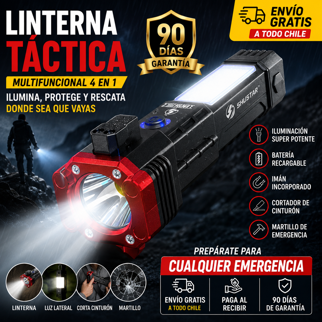 Linterna Multifuncional 4 En 1 Recargabl