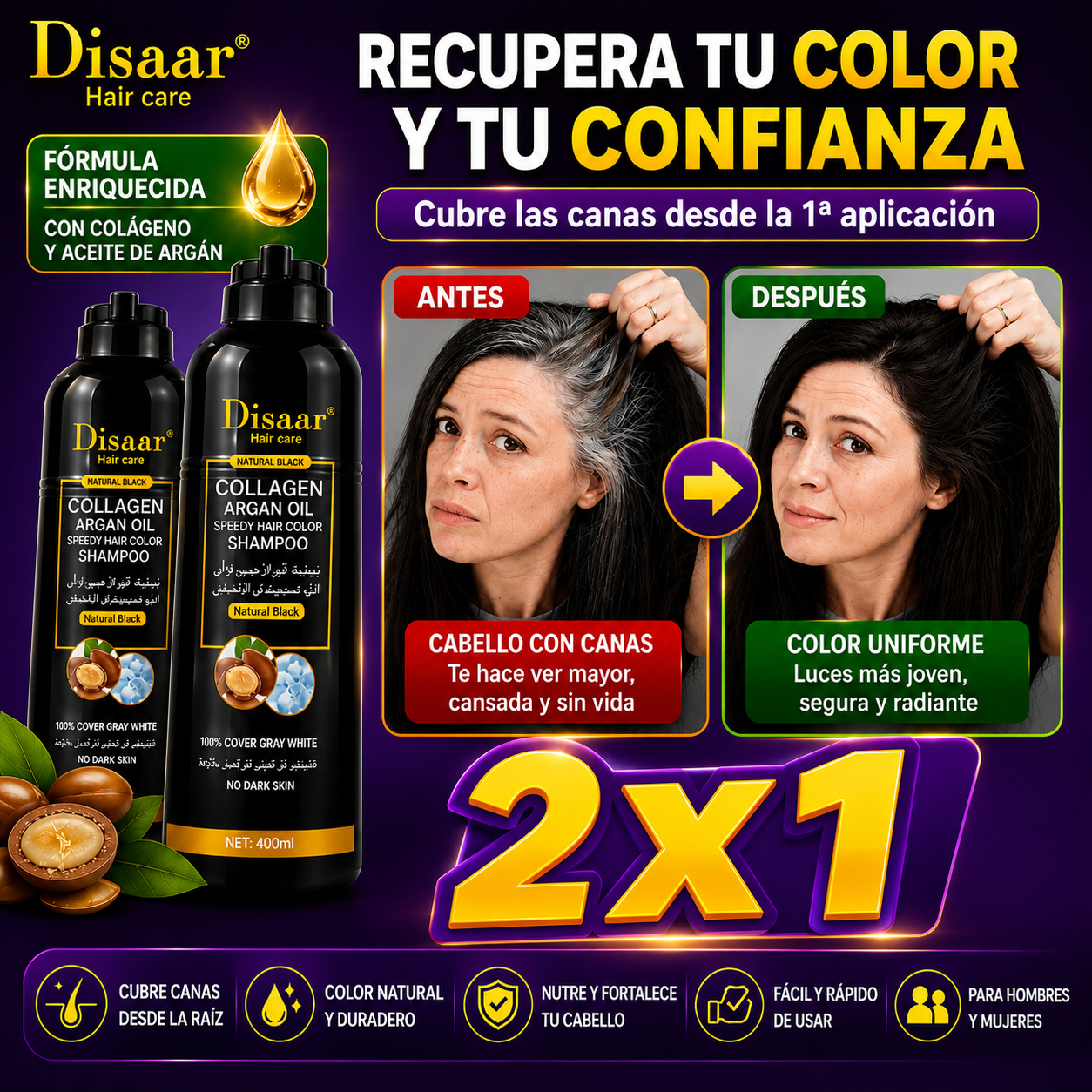 Shampoo Tinte Negro Colágeno 200+200ml - Cabello Más Joven y Natural